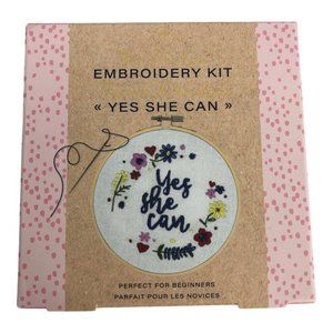 New w/box  "Yes She Can" Embroidery Kit Beginners 9.5" circle white cotton Gift